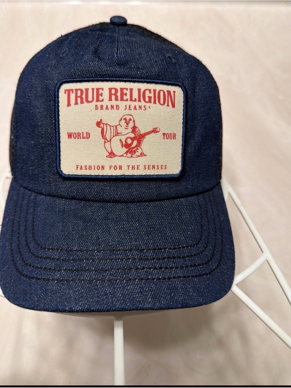 True Religion Navy Blue Denim Cap with Cream Patch and Red Logo